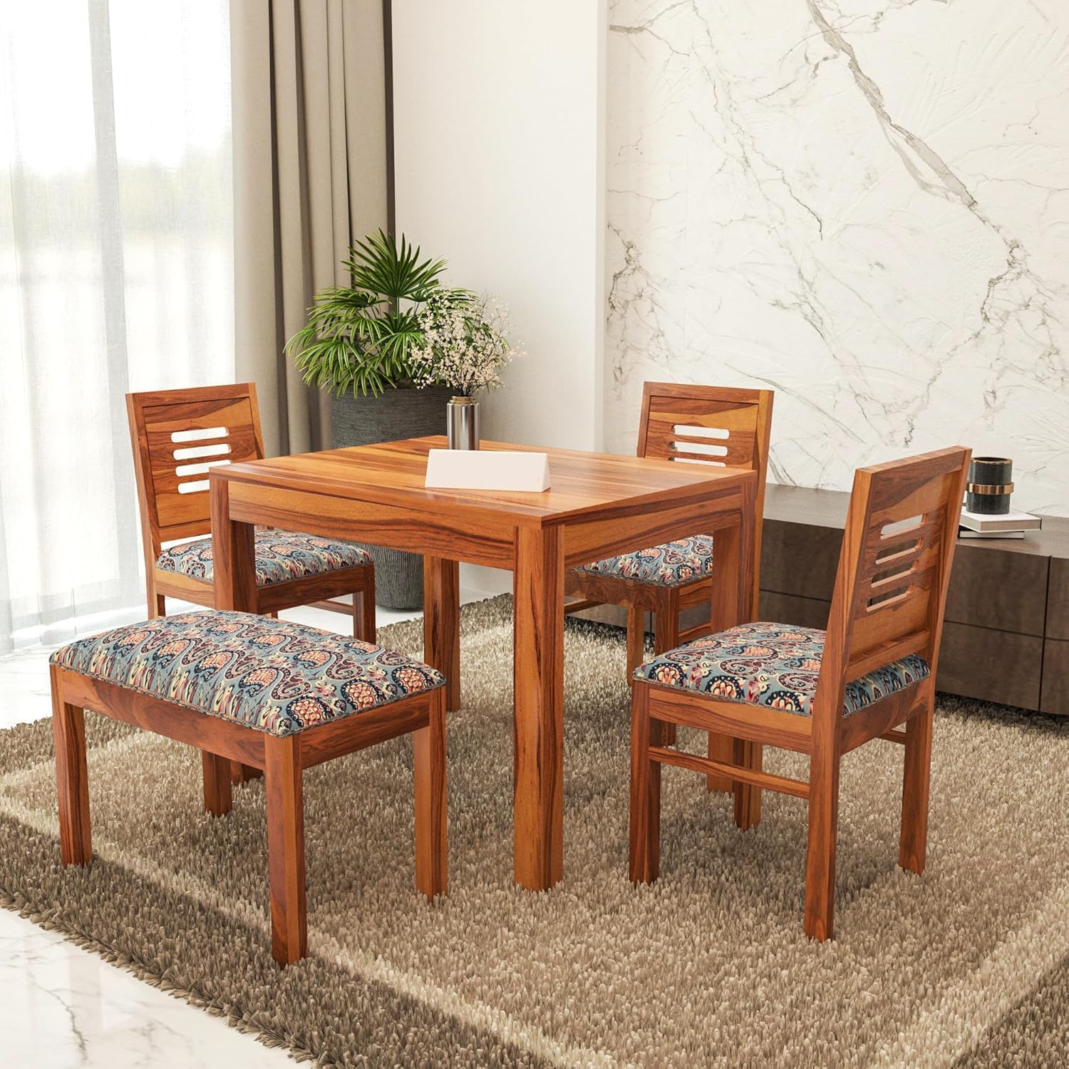 Sheesham Wood Dining Table with 3 Chairs 1 Bench | 4 Seater Dining Set | Wooden Dining Table