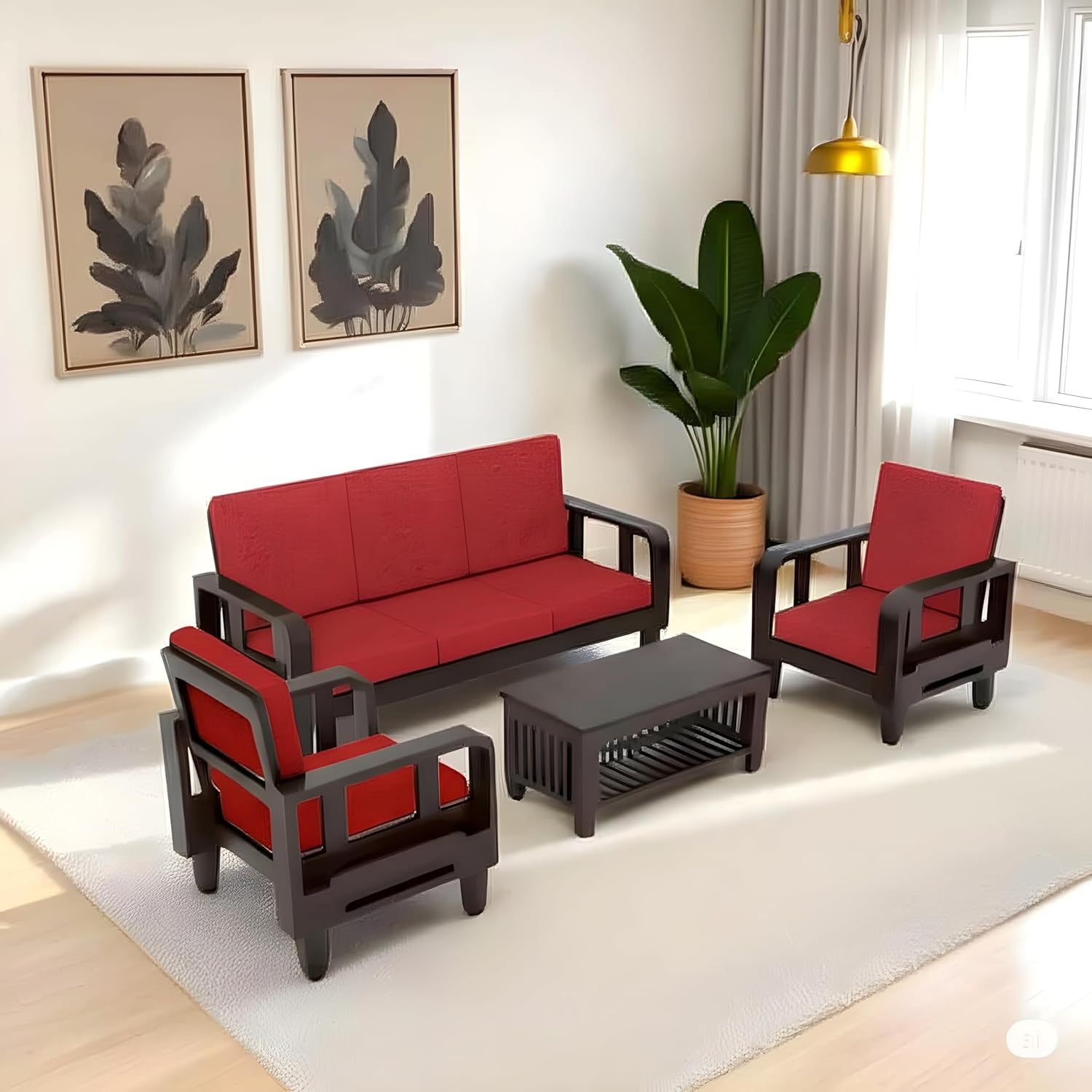 Solid Wood 5 Seater Wooden Sofa Set for Living Room Furniture 5 Seater 3+1+1 Fabric Sofa Set with Center Table