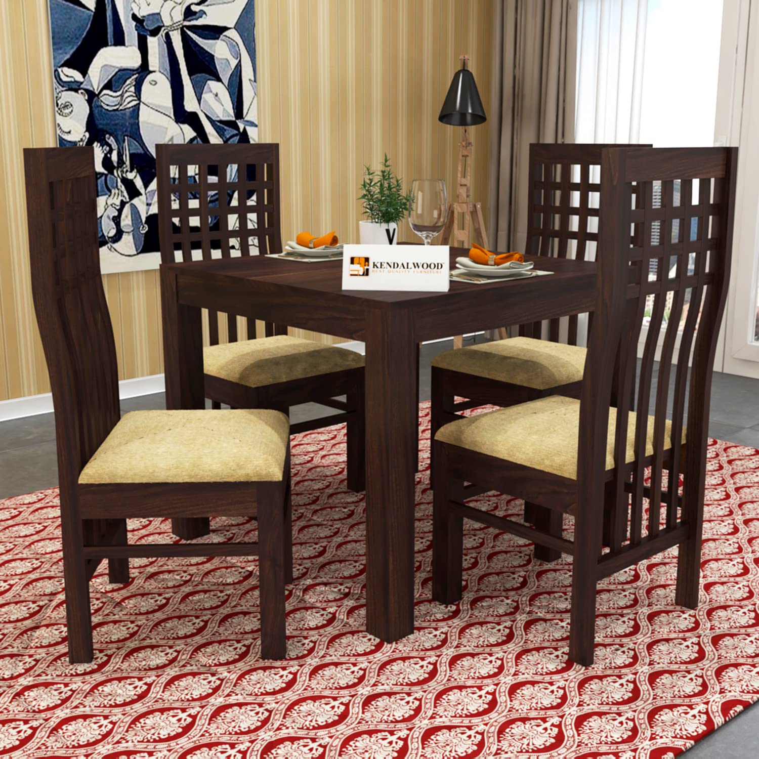 Sheesham Wood Dining Table Square (34x34) with 4 Chairs | 4 Seater Dining Set |Wooden Dining Table with Chair |Dining Room Furniture