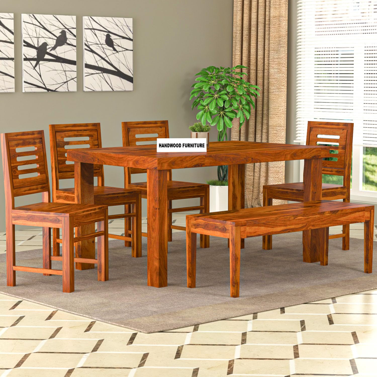 Sheesham Wood Dining Table(57x35) with 4 Chairs & 1 Bench |6 Seater Dining Set | Wooden Dining Table with Chair - Dining Room Furniture
