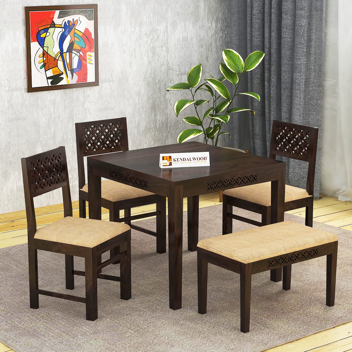 Sheesham Wood CNC Cuting Dining Table with 3 Chairs with 1 Bench | 4 Seater Dining Set- Dining Room Furniture Finish