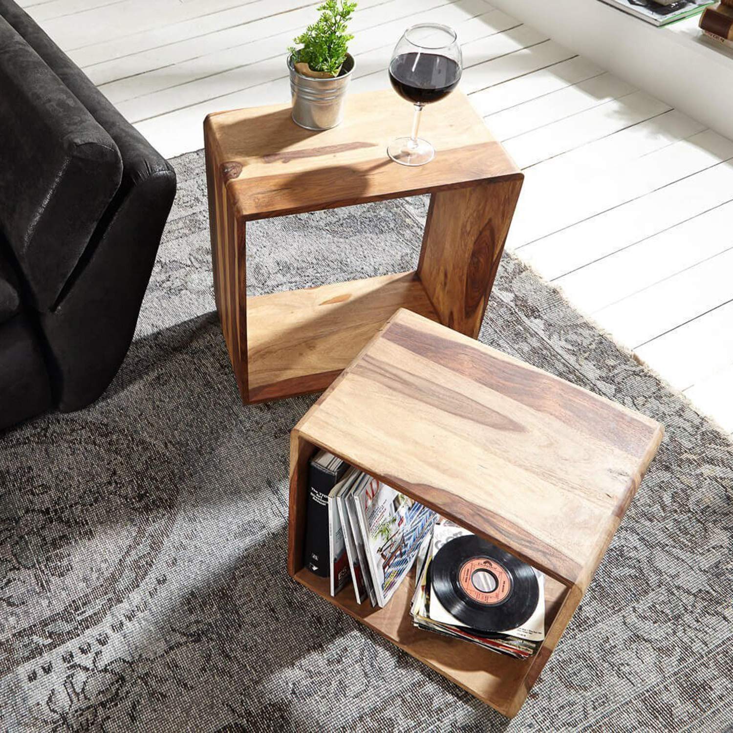 Sheesham Wood Bedside Table, Nested Cube - Set of 2