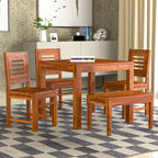 Sheesham Wood Dining Table(34x34) with 3 Chairs & 1 Bench | 4 Seater Dining Set | Wooden Dining Table with Chair - Dining Room Furniture