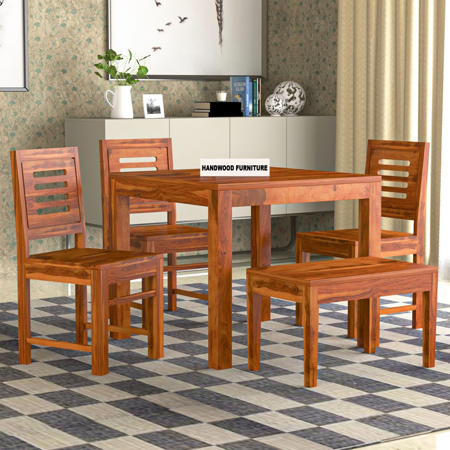 Sheesham Wood Dining Table(34x34) with 3 Chairs & 1 Bench | 4 Seater Dining Set | Wooden Dining Table with Chair - Dining Room Furniture