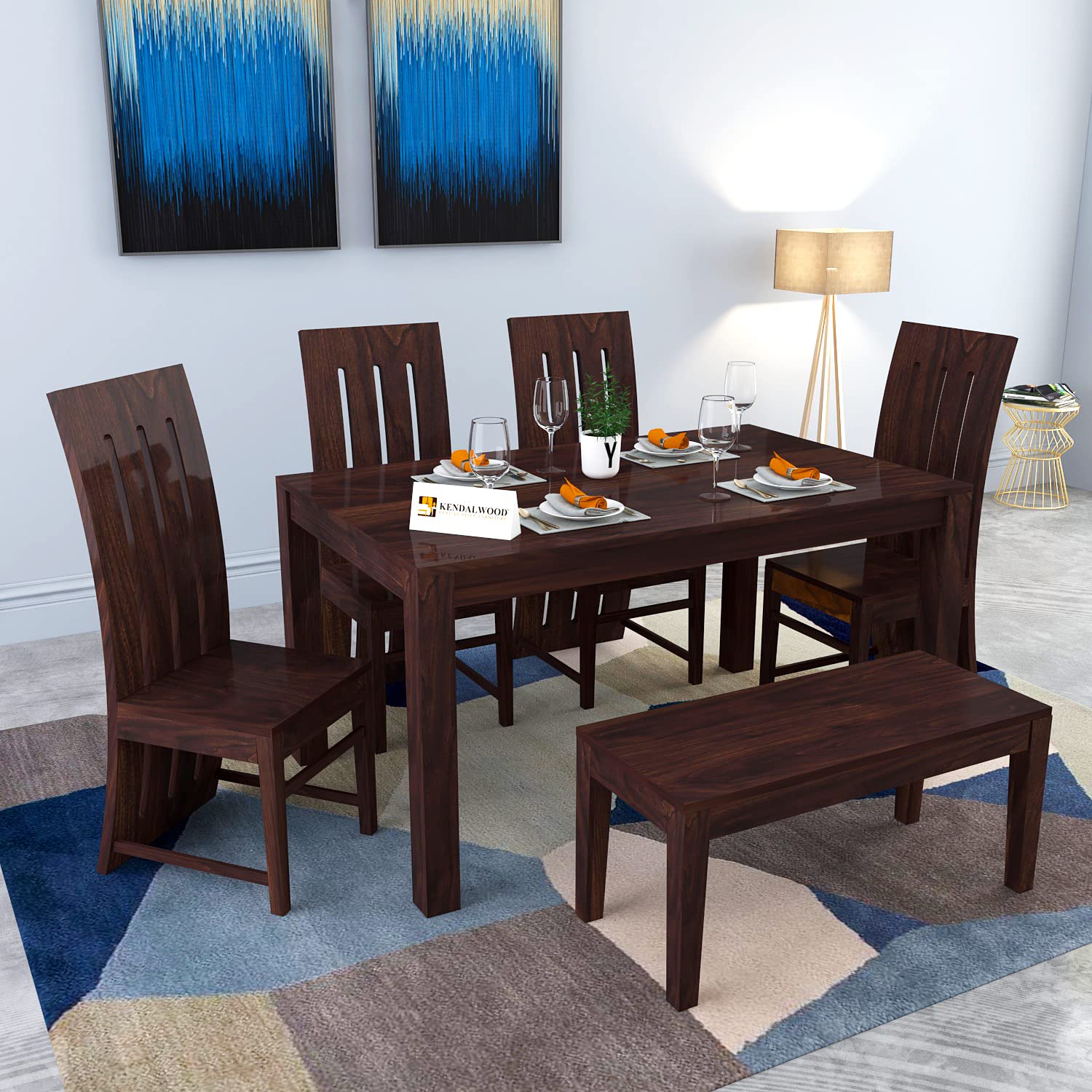 Premium Dining Room Furniture Wooden Dining Table with 4 Chairs & 1 Bench Solid Wood 6 Seater Dining Set