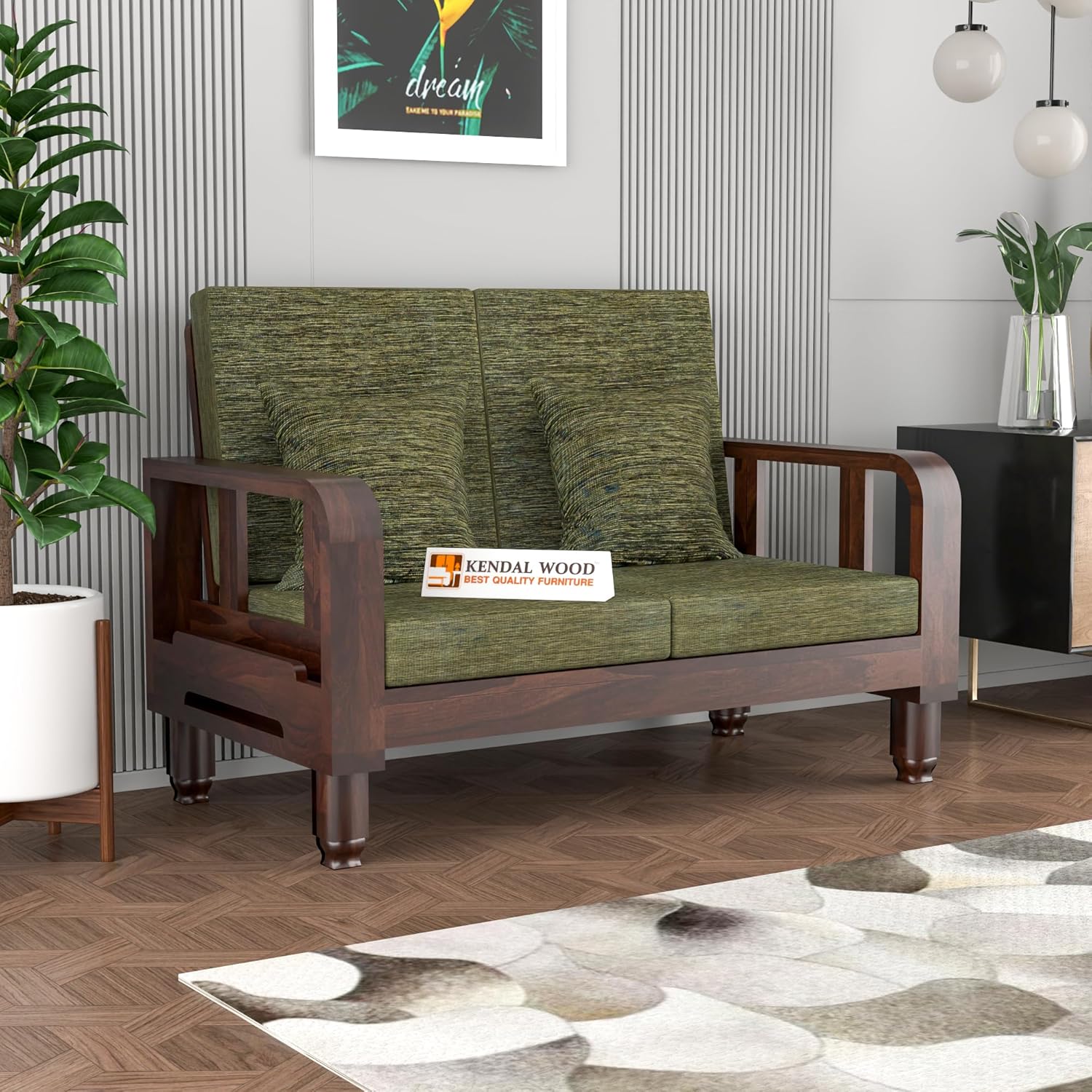 Solid Wood 2 Seater Wooden Sofa Set for Living Room Furniture Fabric 2 Seater Sofa