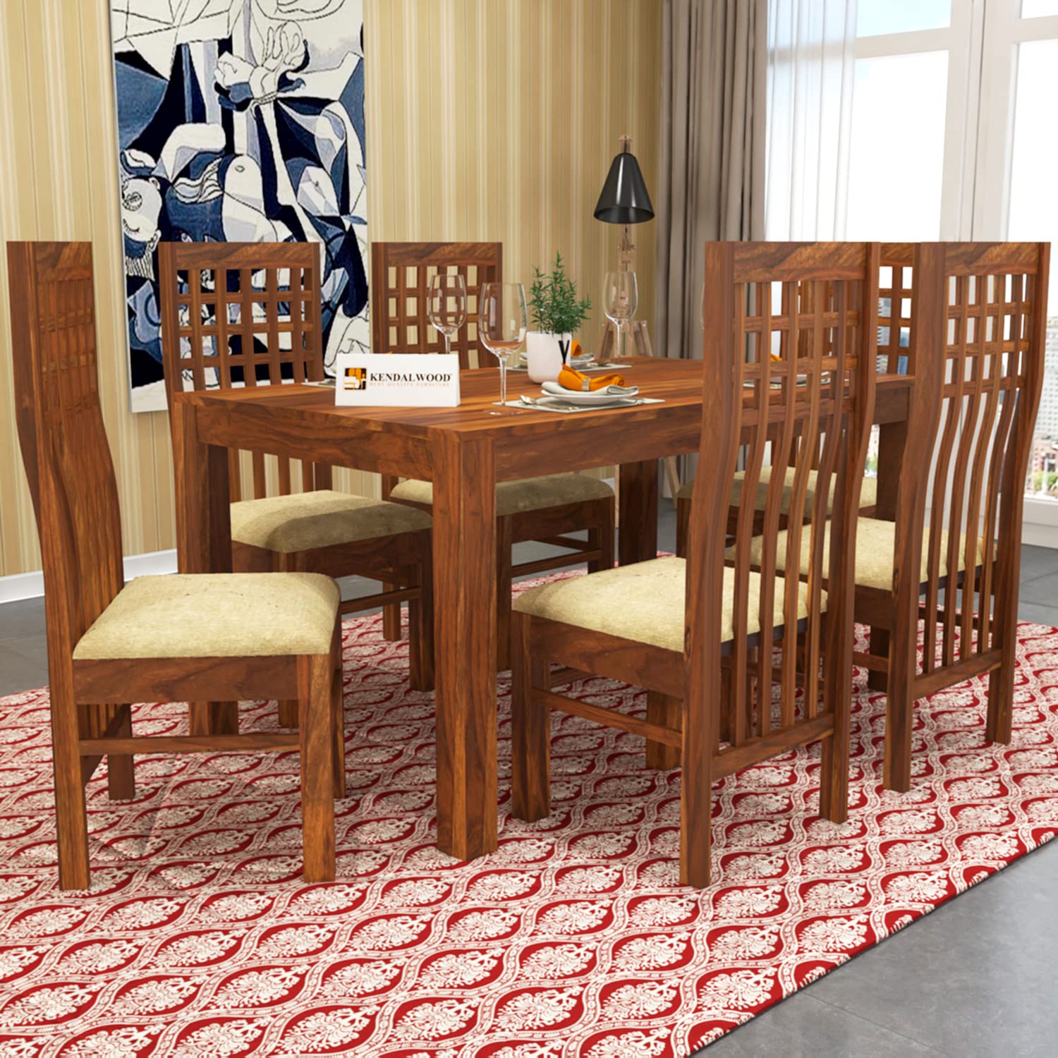 Sheesham Wood Dining Table(57x35) with 6 Chairs | 6 Seater Dining Set | Wooden Dining Table with Chair - Dining Room Furniture