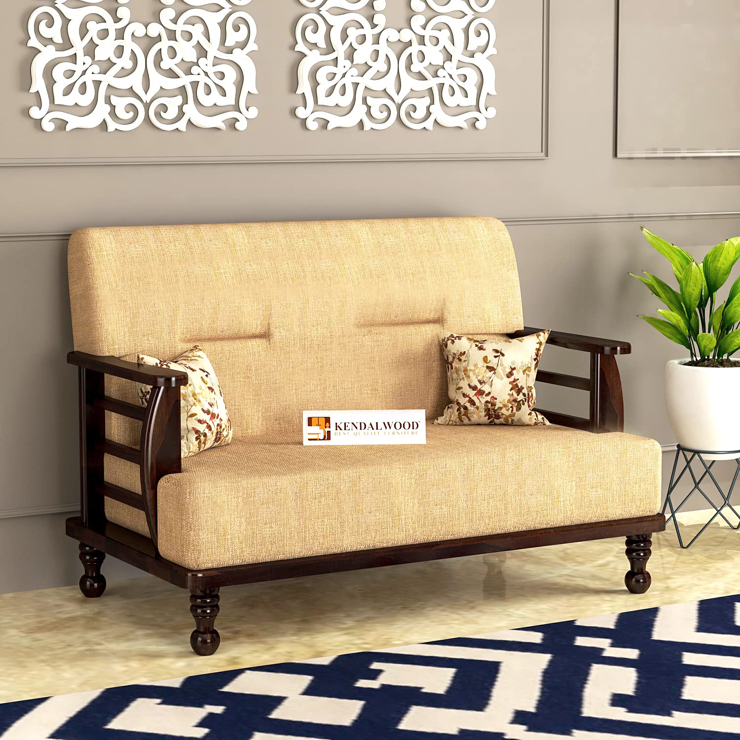 Solid Wood 2 Seater Wooden Sofa Set for Living Room Furniture Fabric 2 Seater Sofa
