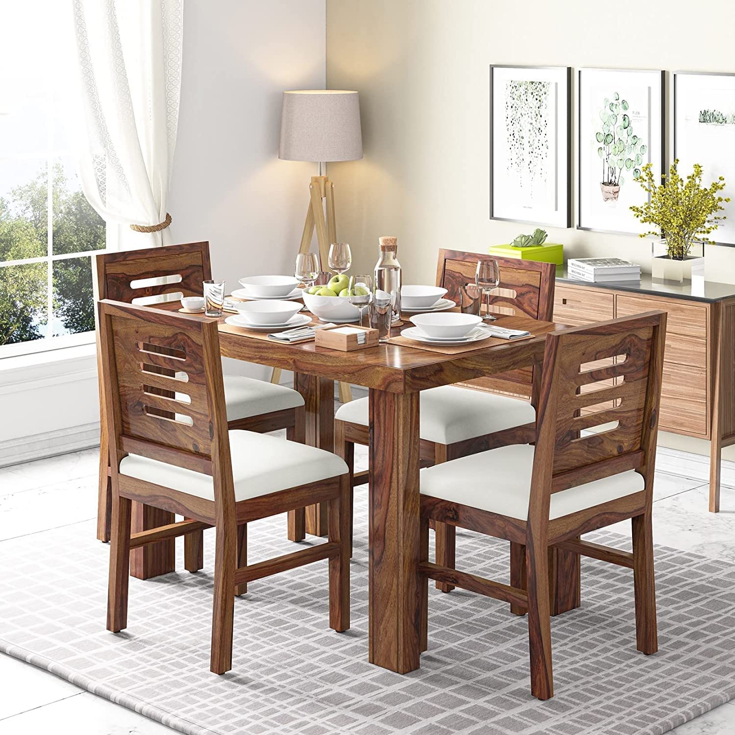 Solid Wood Dining Table with 4 Chairs | 4 Seater Dining Set | Wooden Dining Table with Chair - Dining Room Furniture