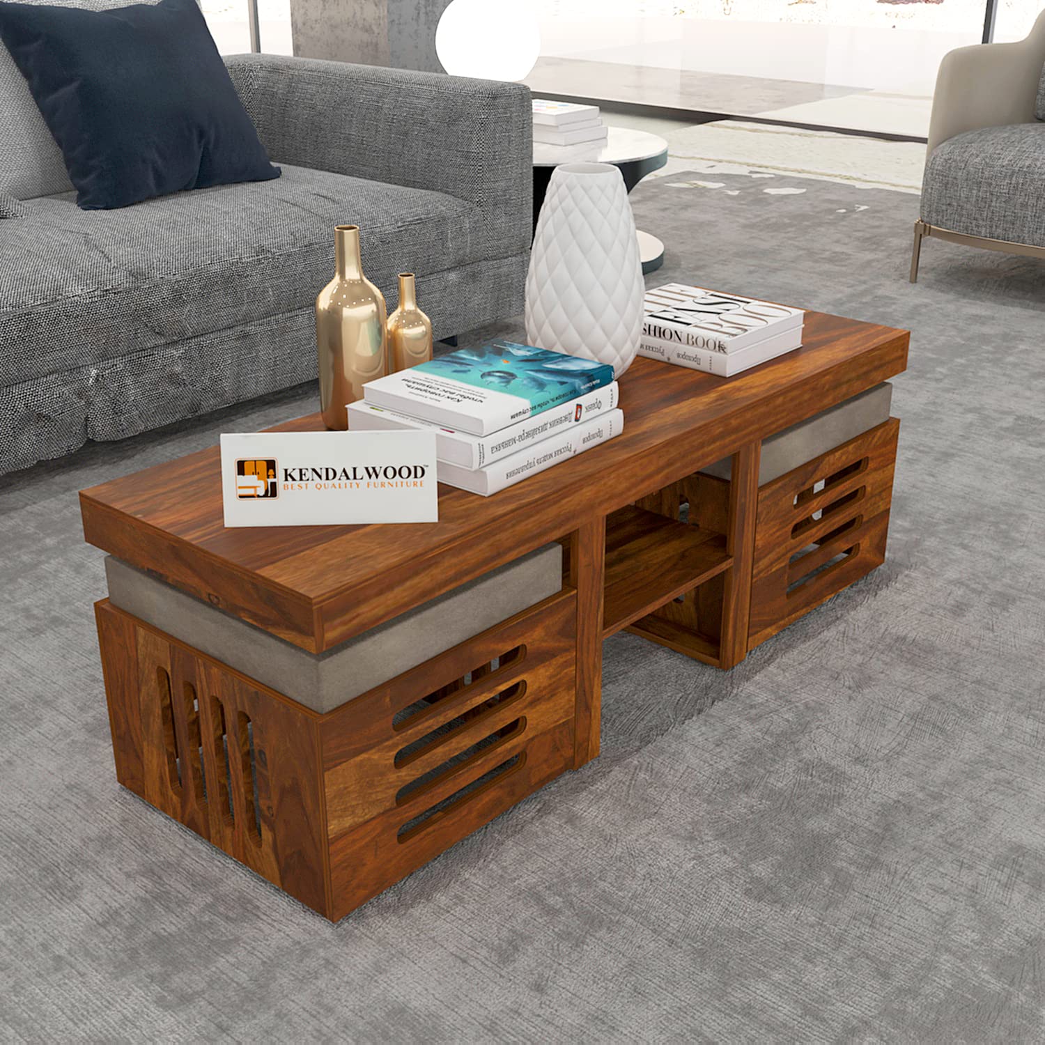 Solid Sheesham Wood Coffee Table for Living Room/Center Table with 2 Stools