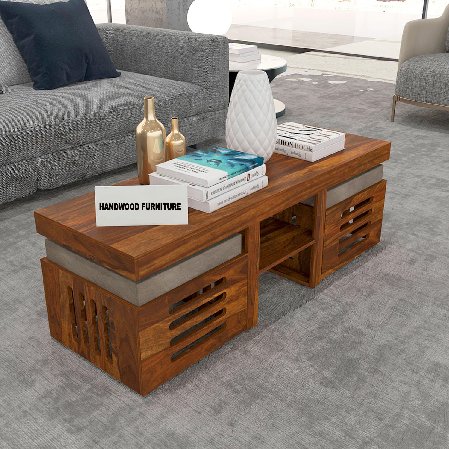 Premium Sheesham Wood Coffee Table for Living Room | Solid Wood Coffee Table, Center Table, Tea Table | Wooden Coffee Table with 2 Stool | Best Furniture for Home