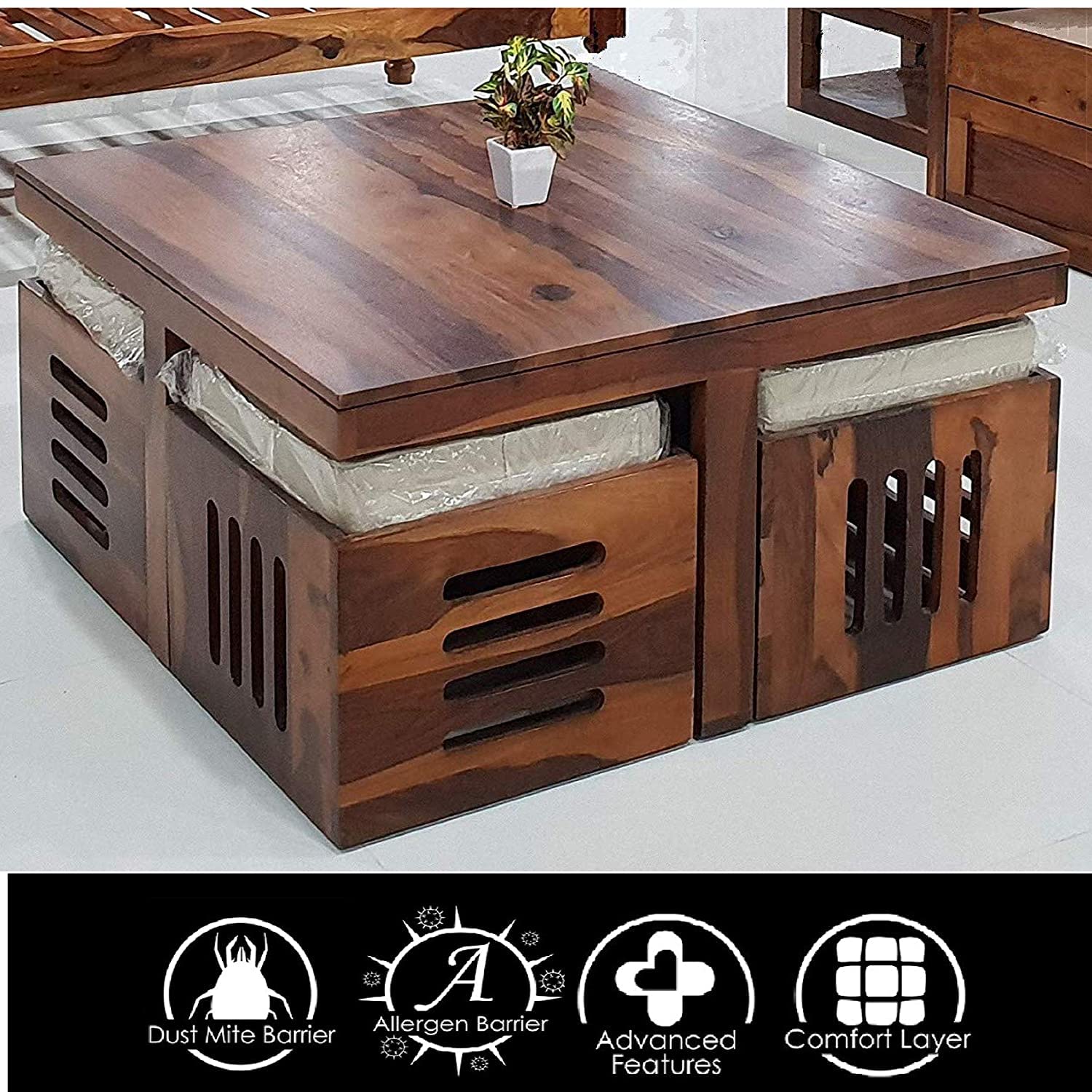 Solid Sheesham Wood Coffee Table for Living Room/Center Table with 4 Stools