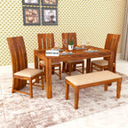 Sheesham Wood Dining Table (57x35) with 4 Chairs & 1 Bench |6 Seater Dining Set | Wooden Dining Table with Chair - Dining Room Furniture