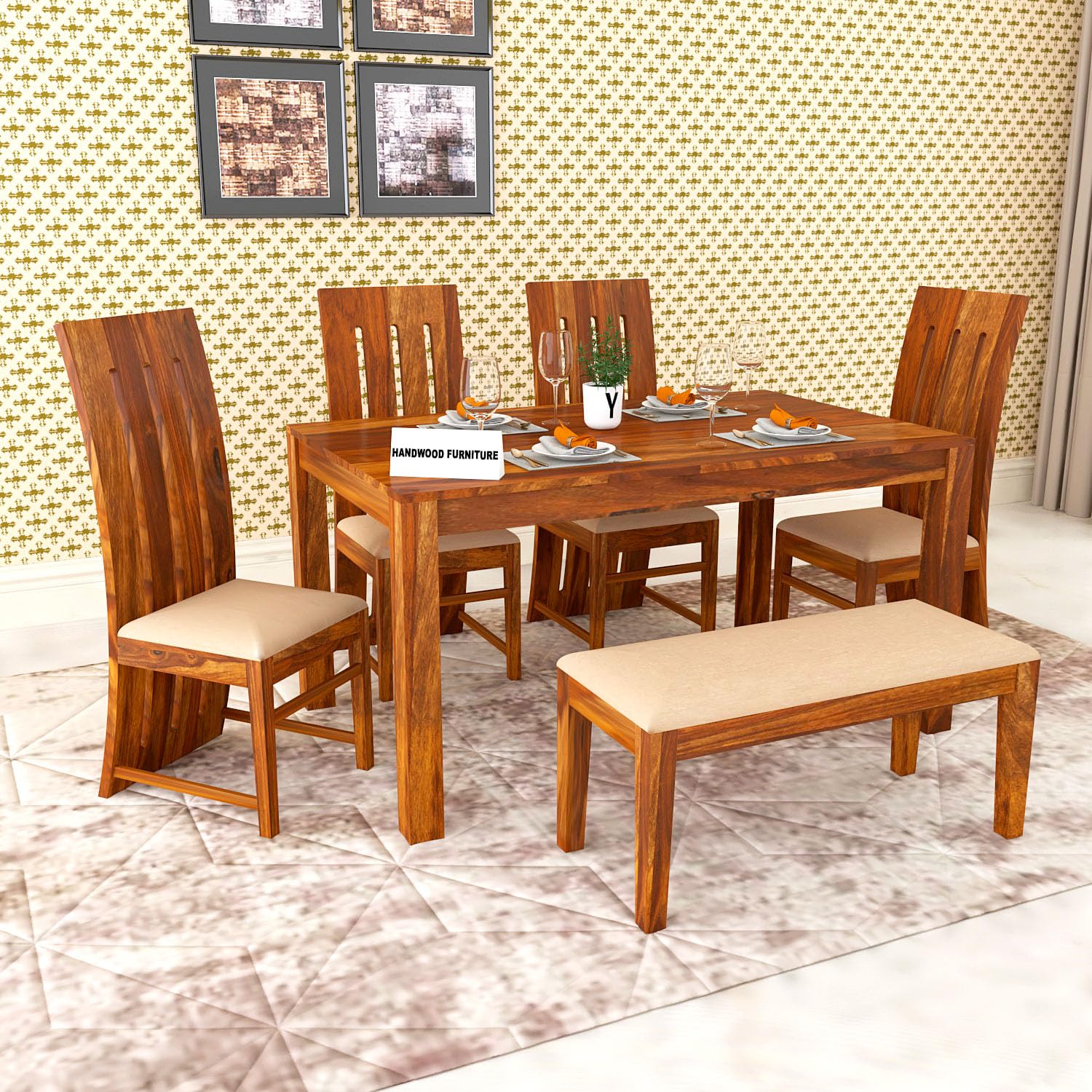 Sheesham Wood Dining Table (57x35) with 4 Chairs & 1 Bench |6 Seater Dining Set | Wooden Dining Table with Chair - Dining Room Furniture