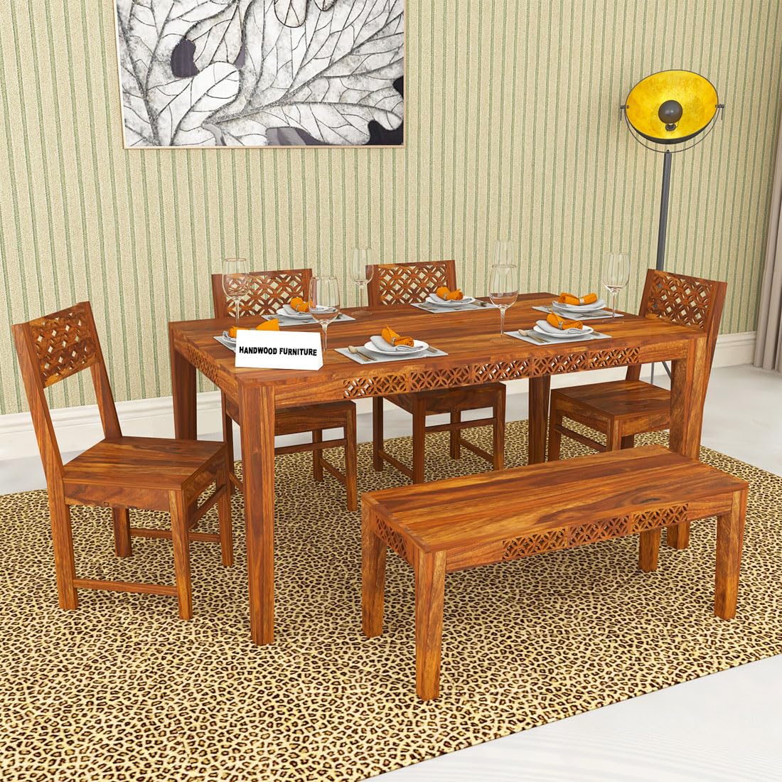 Sheesham Wood Dining Table(57x35) with 4 Chairs & 1 Bench | 6 Seater Dining Set | Wooden Dining Table with Chair - Dining Room Furniture