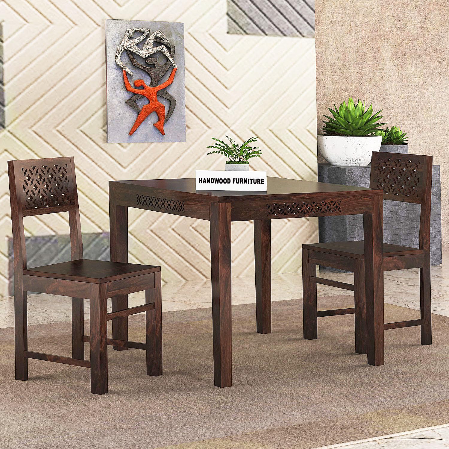 Premium Sheesham Wood Dining Table (34x34) with 2 Chairs | 2 Seater Dining Set | Wooden Dining Table with Chair | Dining Room Furniture