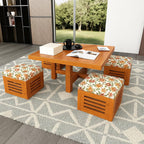 Furniture Premium Sheesham Wood Coffee Table for Living Room | Wooden Coffee Table with 4 Stool | Honey Finish with Flower Cushions