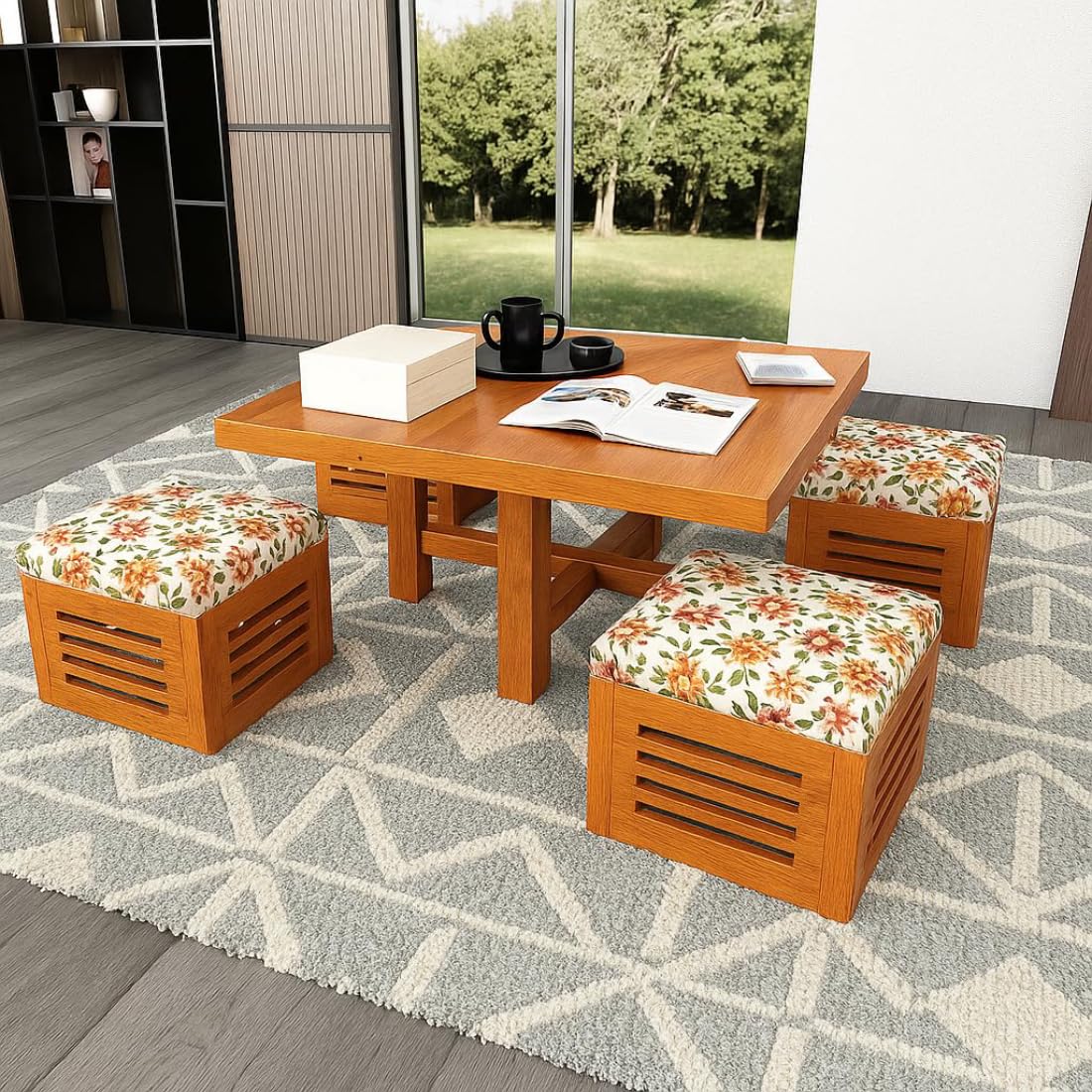 Furniture Premium Sheesham Wood Coffee Table for Living Room | Wooden Coffee Table with 4 Stool | Honey Finish with Flower Cushions