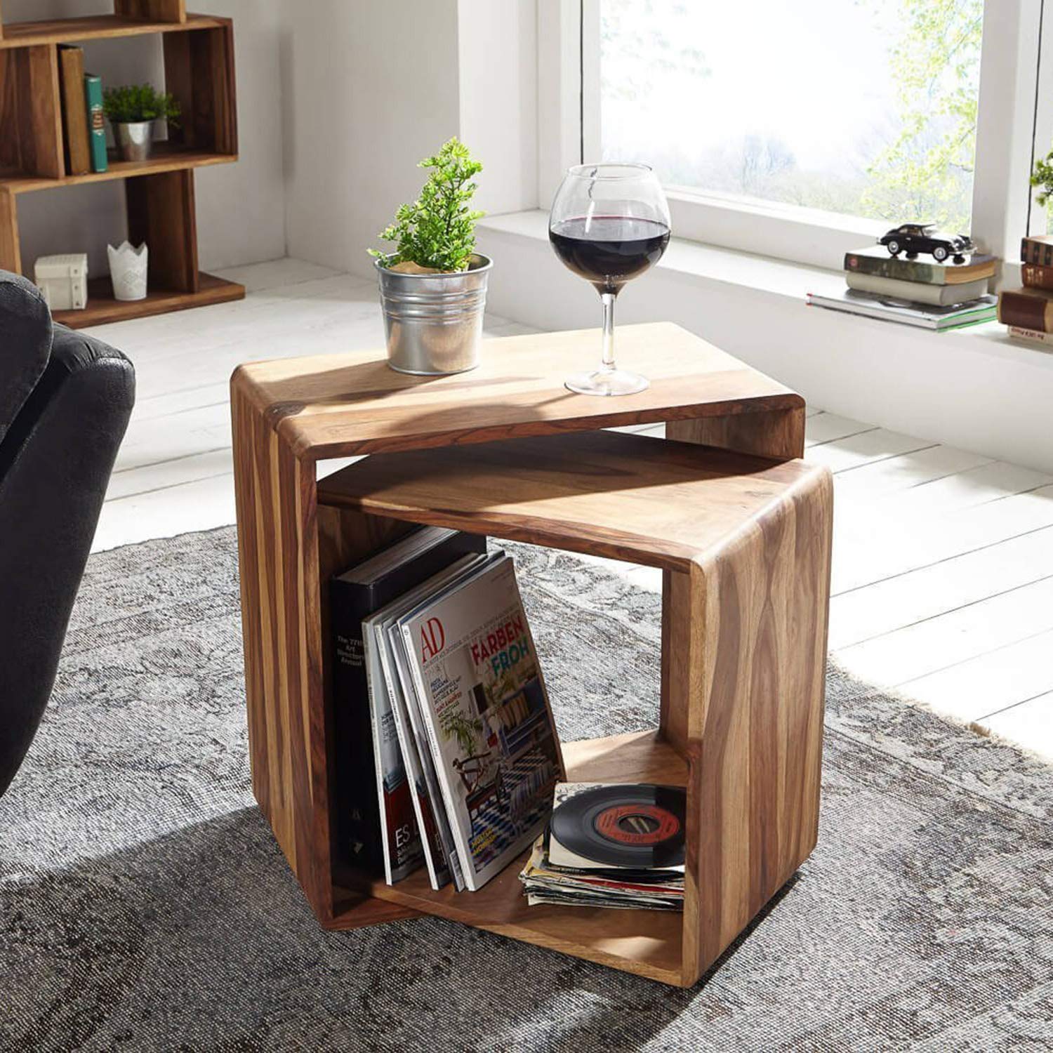 Sheesham Wood Bedside Table, Nested Cube - Set of 2