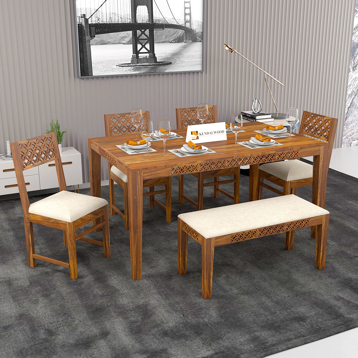 Sheesham Wood CNC Cuting Dining Table with 4 Chairs with 1 Bench|6 Seater Dining Set- Dining Room Furniture