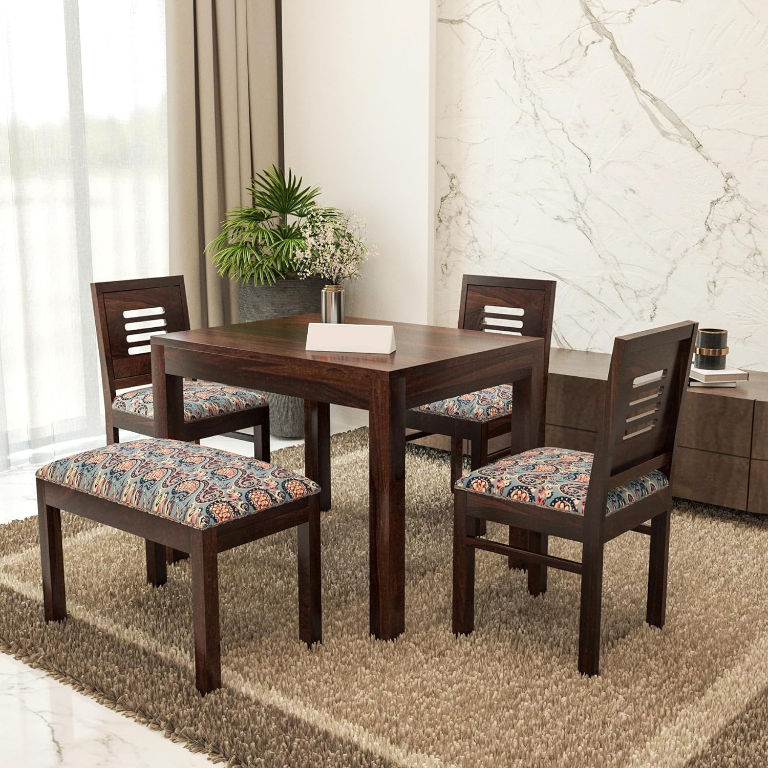 Sheesham Wood Dining Table with 3 Chairs 1 Bench | 4 Seater Dining Set | Wooden Dining Table