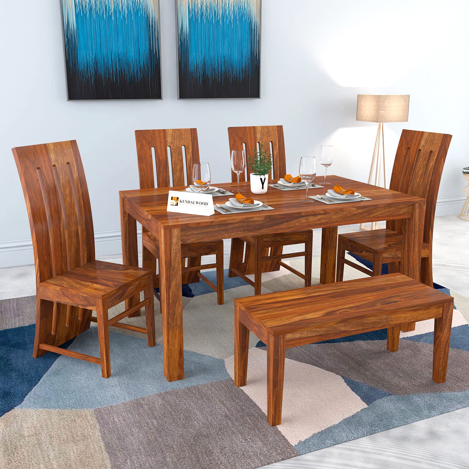 Premium Dining Room Furniture Wooden Dining Table with 4 Chairs & 1 Bench Solid Wood 6 Seater Dining Set