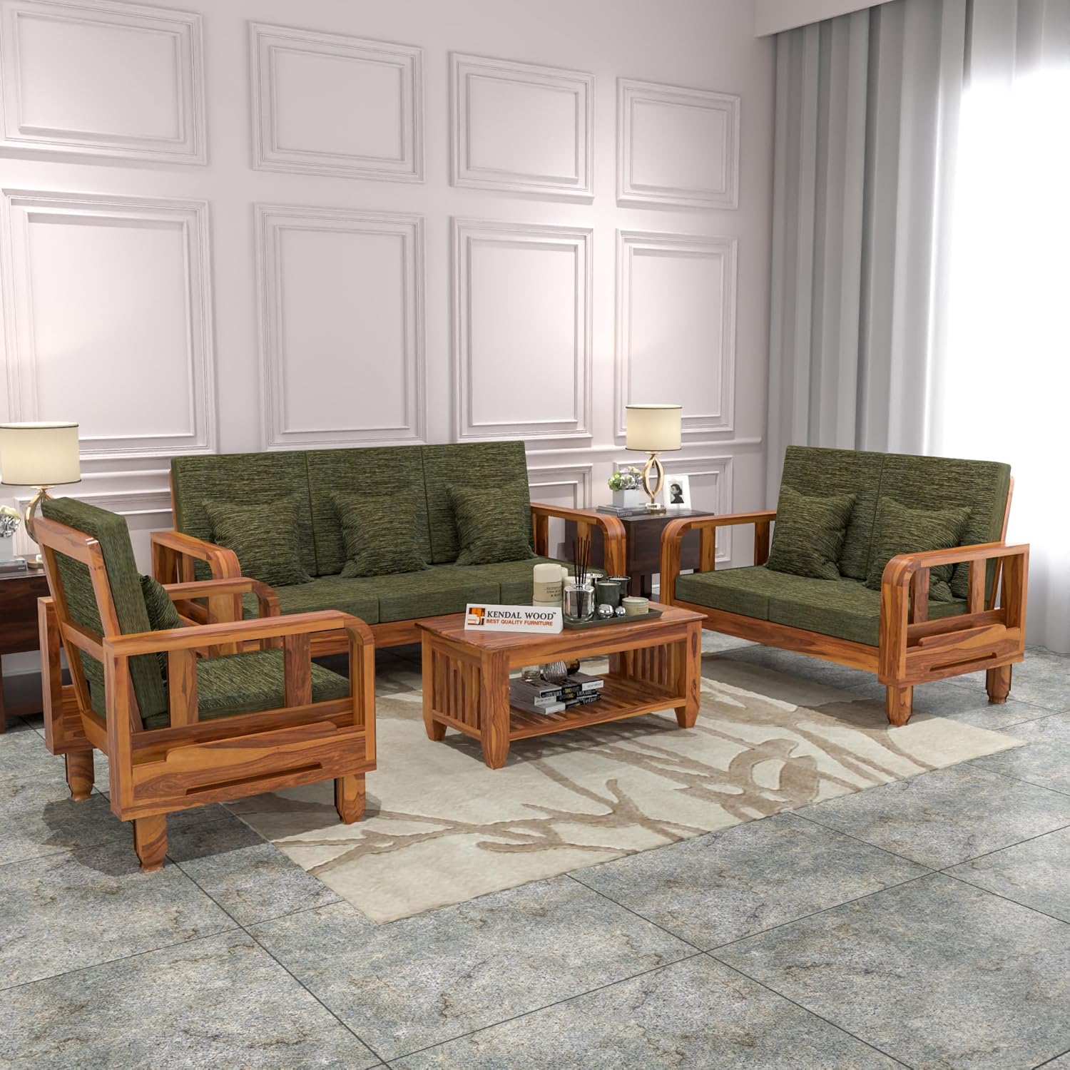 Solid Wood 6 Seater Wooden Sofa Set for Living Room Furniture 6 Seater 3+2+1 Fabric Sofa Set with Center Table