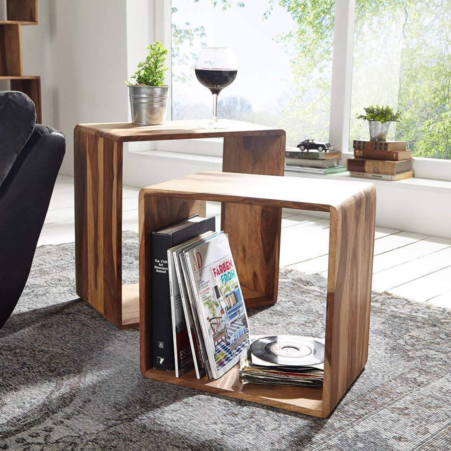 Sheesham Wood Bedside Table, Nested Cube - Set of 2