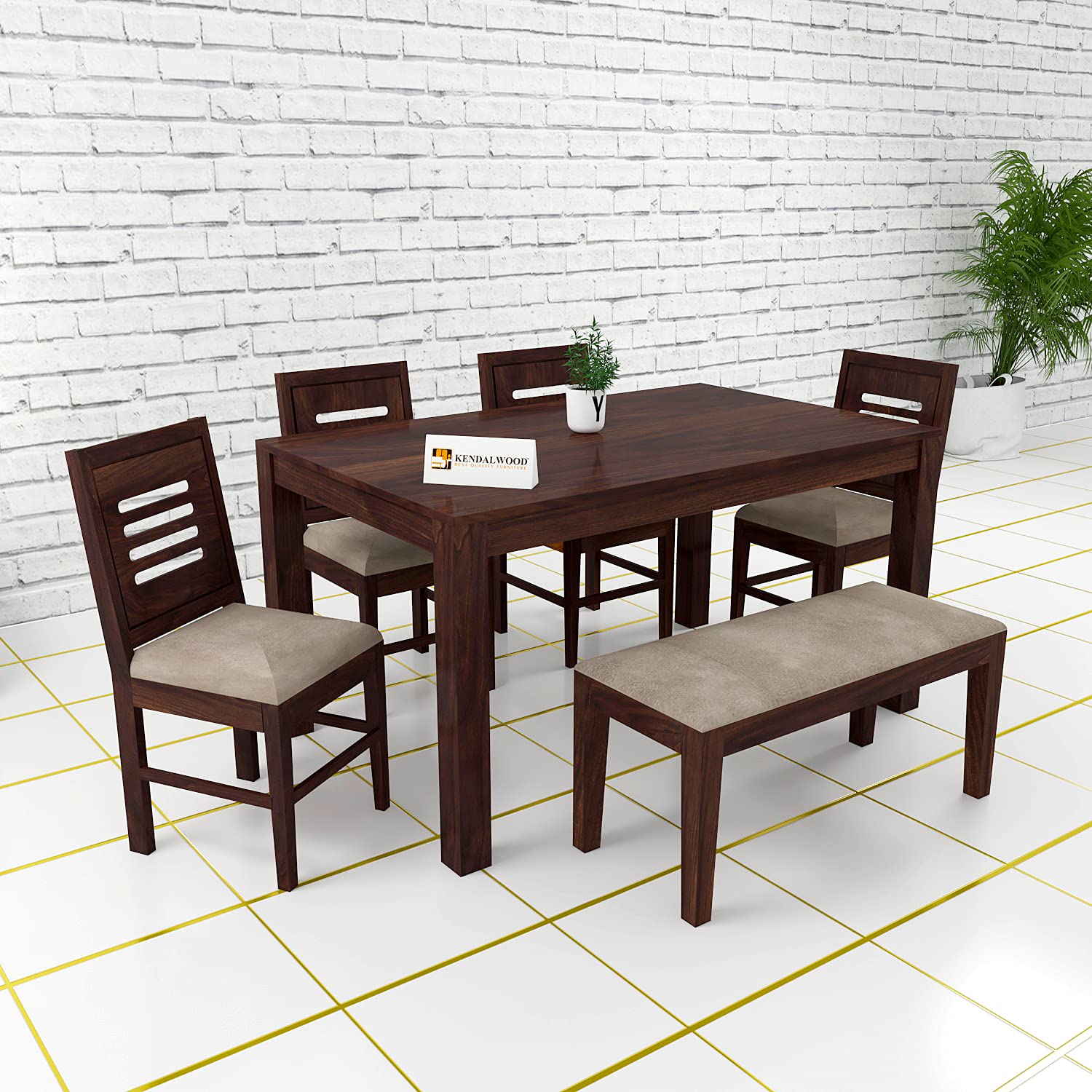 Sheesham Wood Dining Table (57x35 Inch) with 4 Chairs, 1 Bench |6 Seater Dining Set
