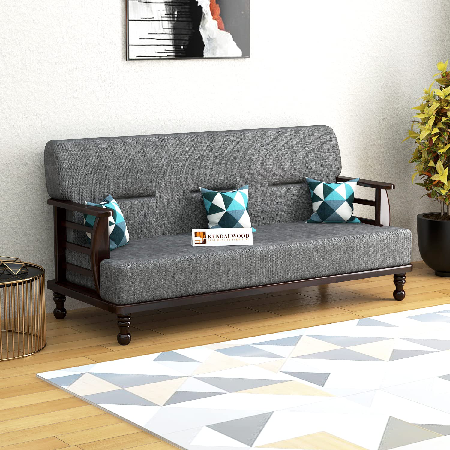 Solid Wood 3 Seater Wooden Sofa Set for Living Room Furniture Fabric 3 Seater Sofa
