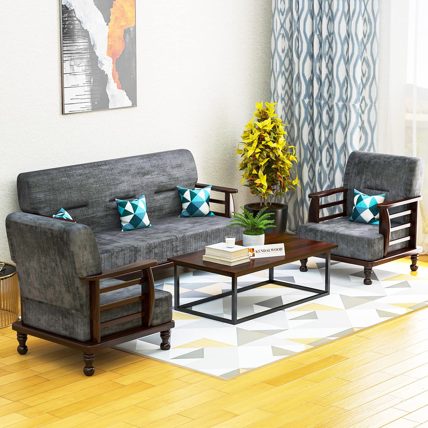 Solid Wood 5 Seater Wooden Sofa Set for Living Room Furniture Fabric 5 Seater Sofa