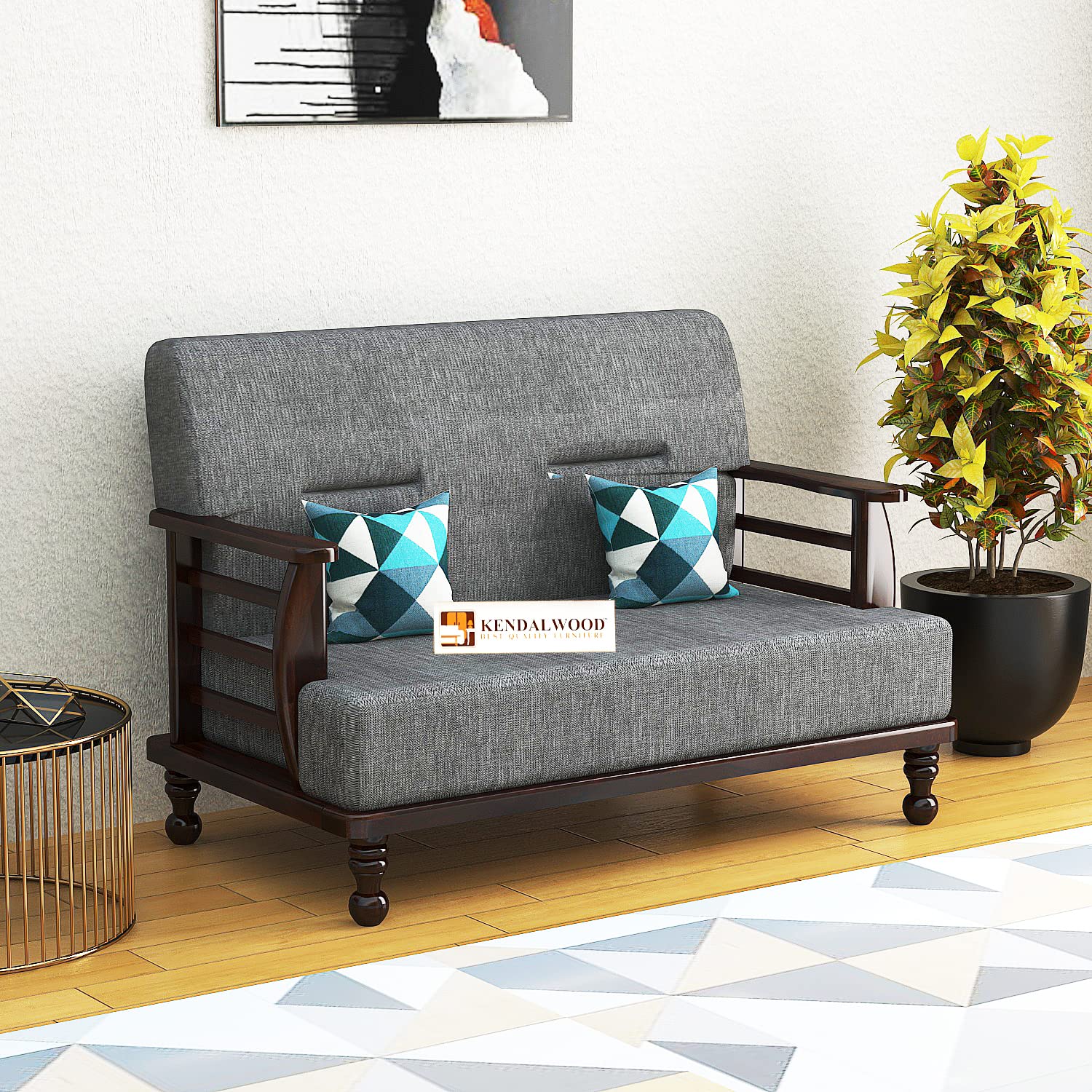 Solid Wood 2 Seater Wooden Sofa Set for Living Room Furniture Fabric 2 Seater Sofa