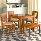 Sheesham Wood Dining Table(34x34) with 3 Chairs & 1 Bench | 4 Seater Dining Set | Wooden Dining Table with Chair - Dining Room Furniture