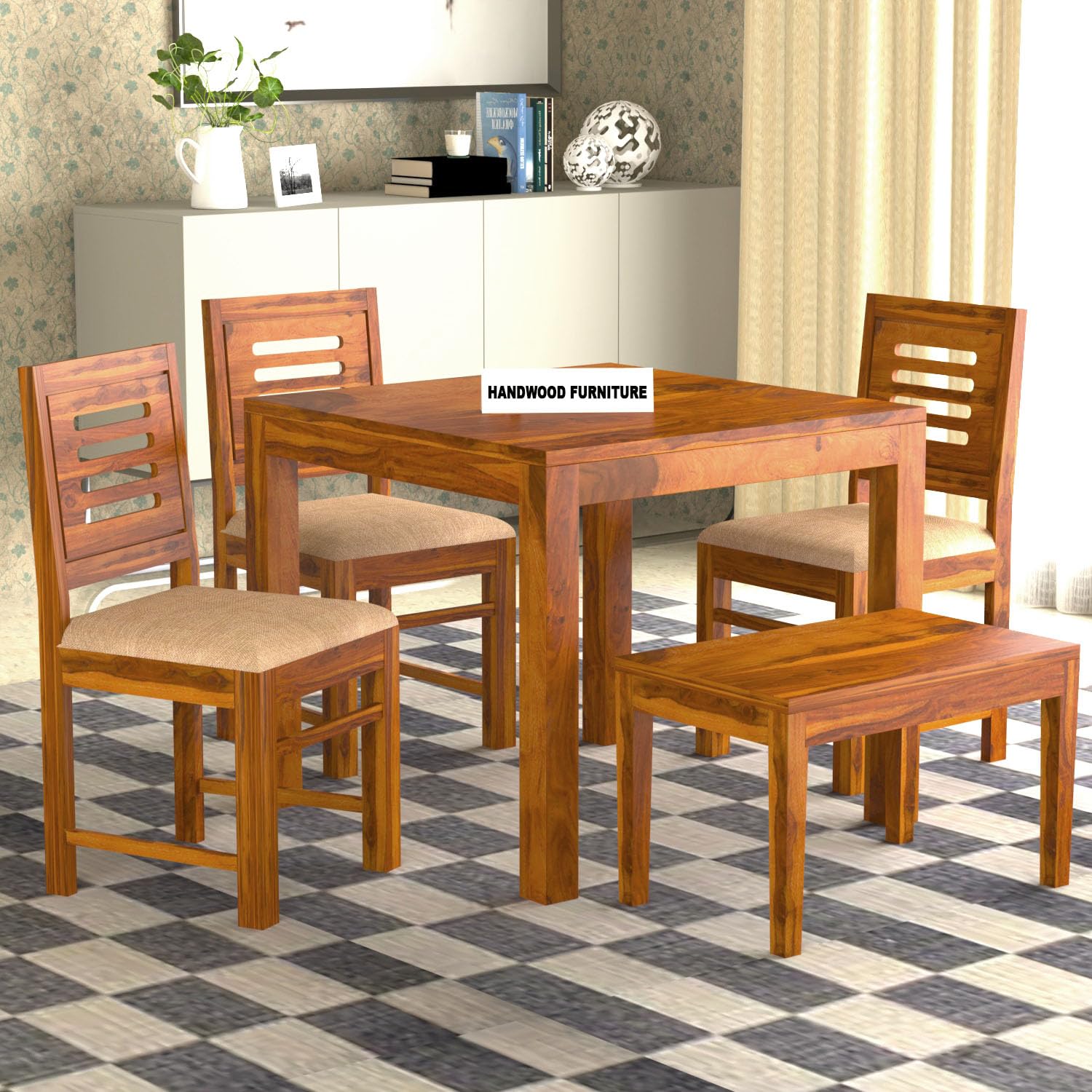 Sheesham Wood Dining Table(34x34) with 3 Chairs & 1 Bench | 4 Seater Dining Set | Wooden Dining Table with Chair - Dining Room Furniture
