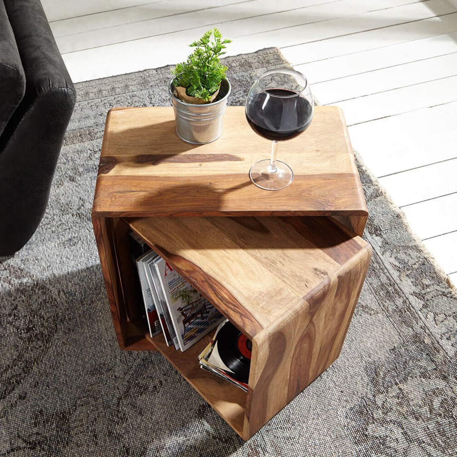 Sheesham Wood Bedside Table, Nested Cube - Set of 2