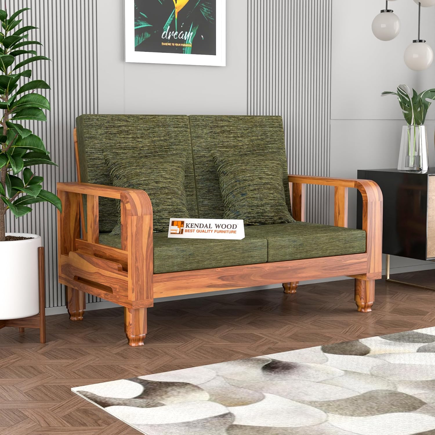 Solid Wood 2 Seater Wooden Sofa Set for Living Room Furniture Fabric 2 Seater Sofa