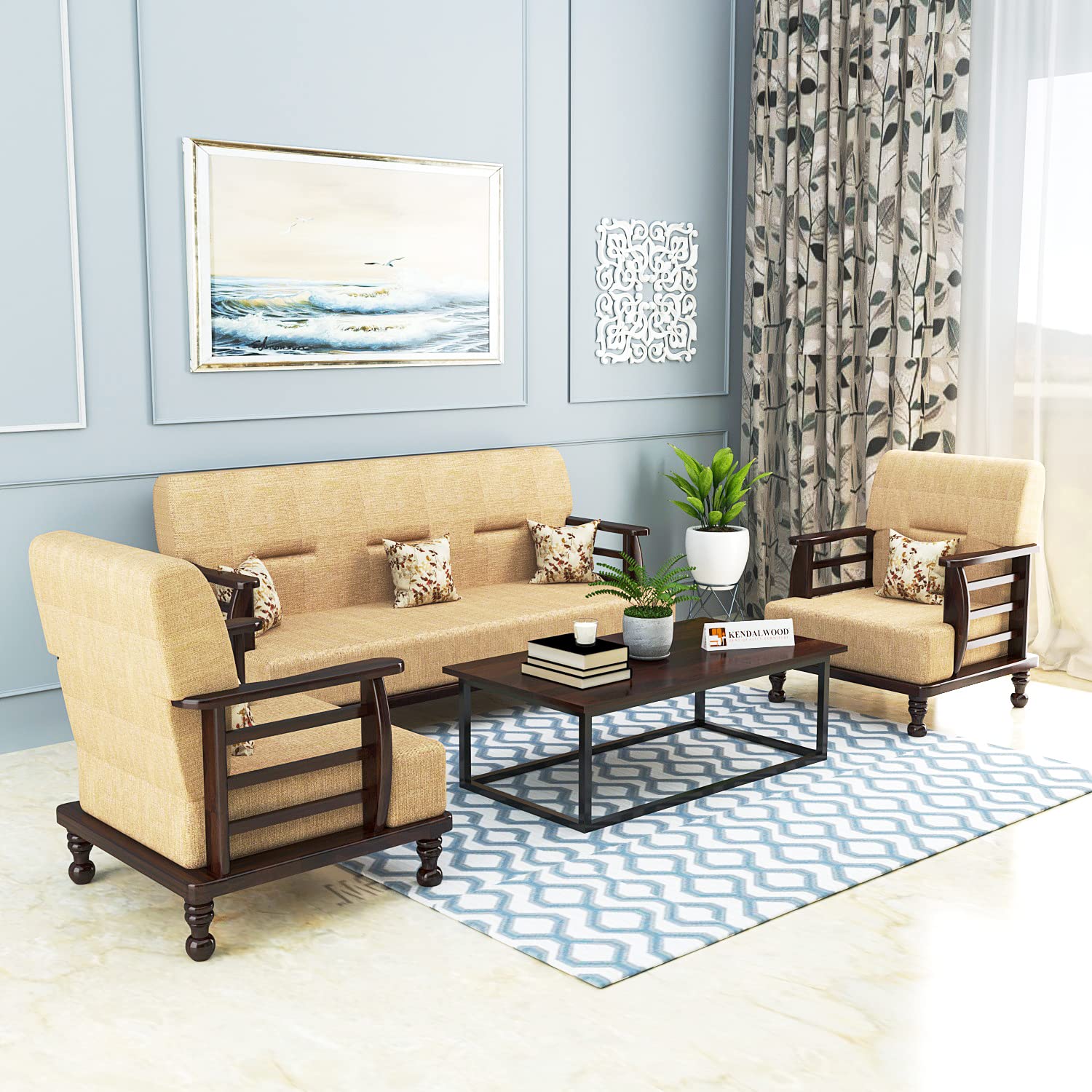 Solid Wood 5 Seater Wooden Sofa Set for Living Room Furniture Fabric 5 Seater Sofa