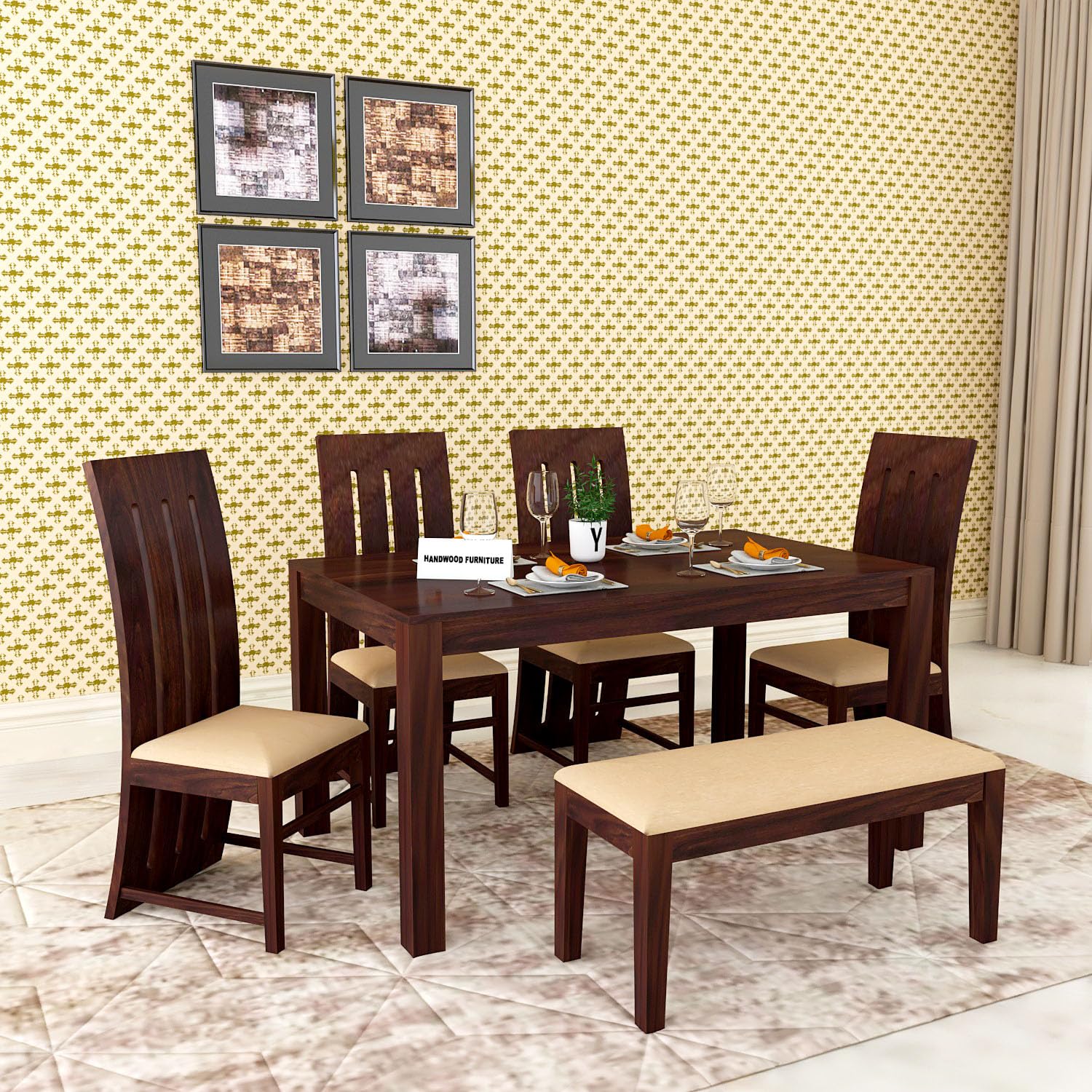 Sheesham Wood Dining Table (57x35) with 4 Chairs & 1 Bench |6 Seater Dining Set | Wooden Dining Table with Chair - Dining Room Furniture