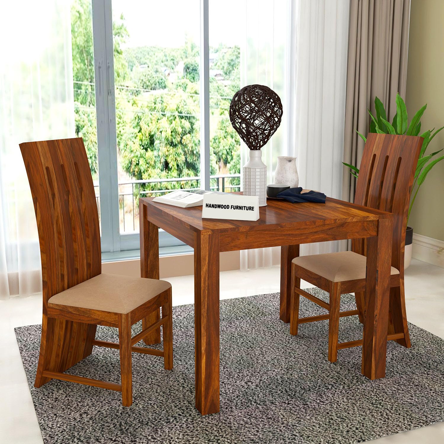 Premium Sheesham Wood Dining Table (34x34) with 2 Chairs |2 Seater Dining Set | Wooden Dining Table with Chair | Dining Room Furniture