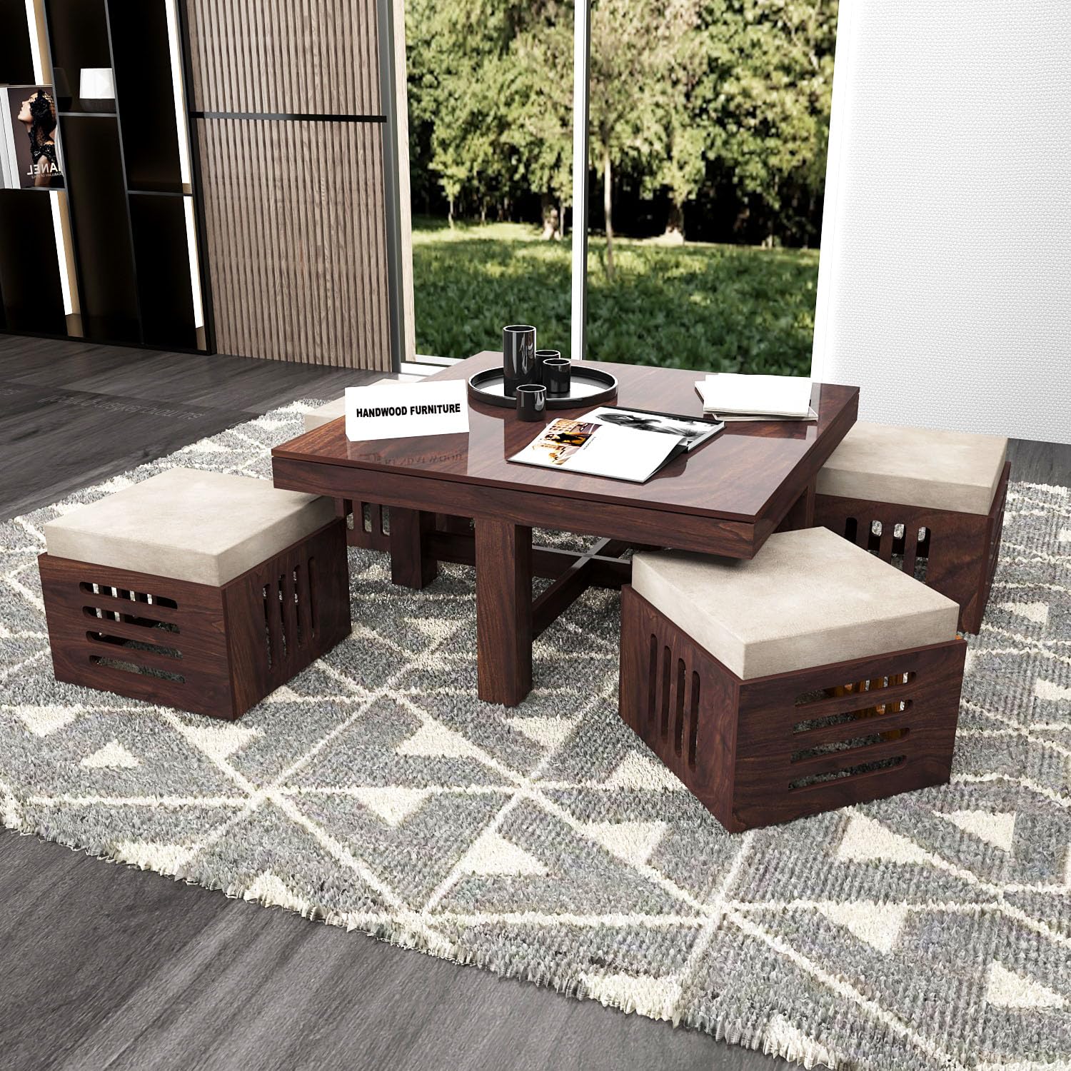 Premium Sheesham Wood Coffee Table for Living Room | Wooden Coffee Table with 4 Stool