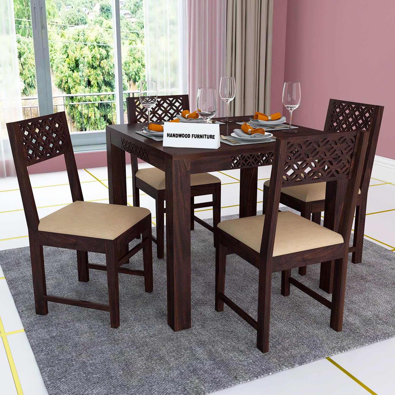 Premium Sheesham Wood Dining Table (34x34) with 4 Chairs |4 Seater Dining Set | Wooden Dining Table with Chair | Dining Room Furniture