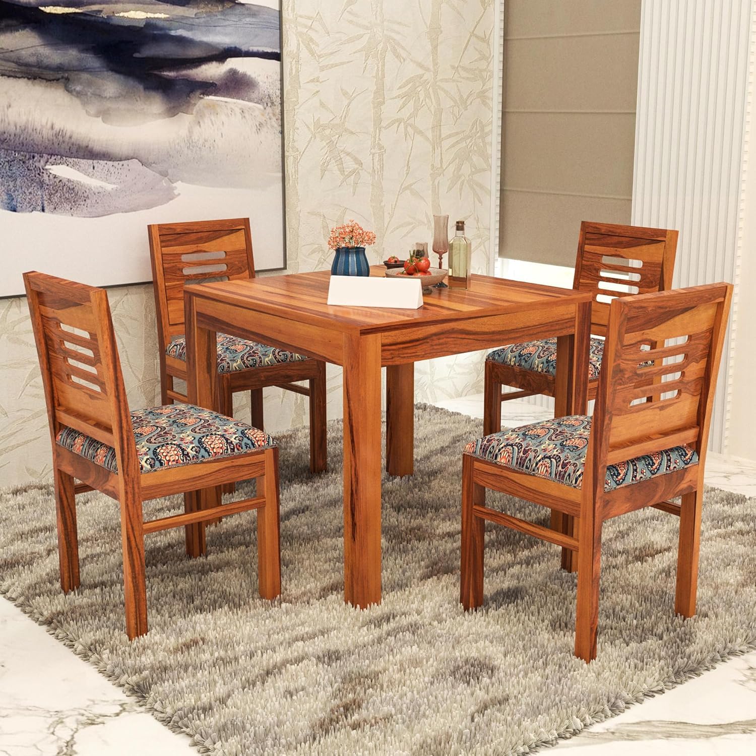 Sheesham Wood Dining Table (34x34 Inch) with 4 Chairs | Wooden Dining Table with Chair | Dining Room Furniture