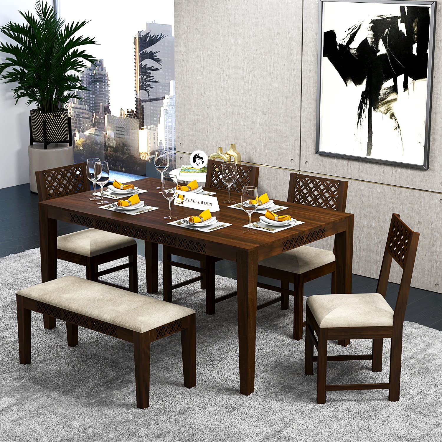 Sheesham Wood CNC Cuting Dining Table with 4 Chairs with 1 Bench|6 Seater Dining Set- Dining Room Furniture