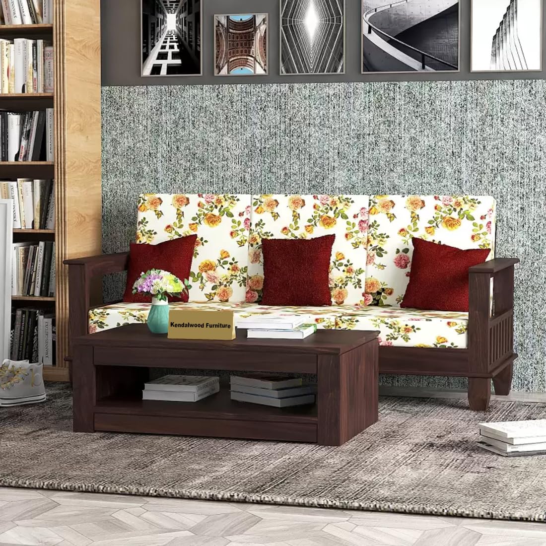 Solid Wood 3 Seater Wooden Sofa Set for Living Room Furniture | Fabric 3 Seater Sofa Set with Center Table