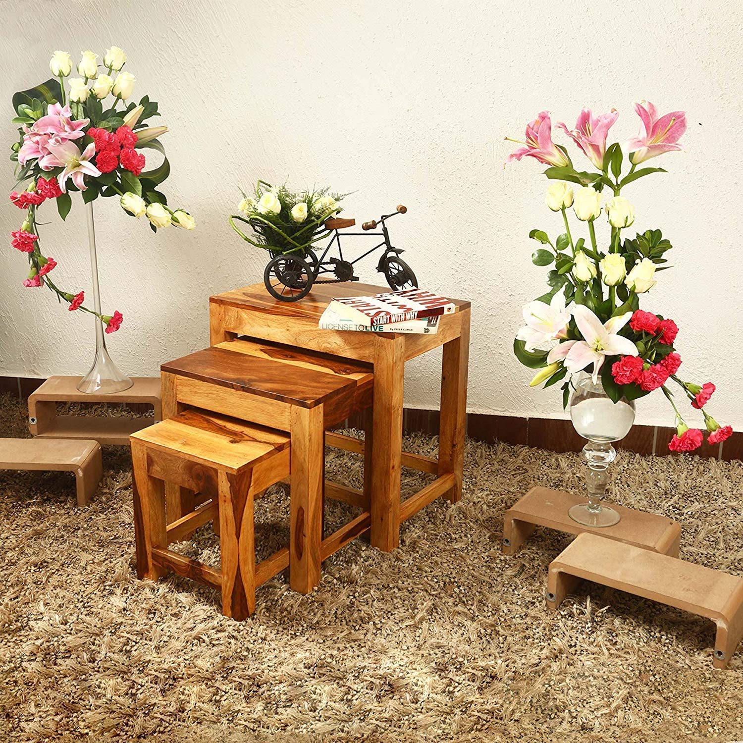 Pre Assemble Sheesham Wood Stool Nesting Bedside Table, Set of 3