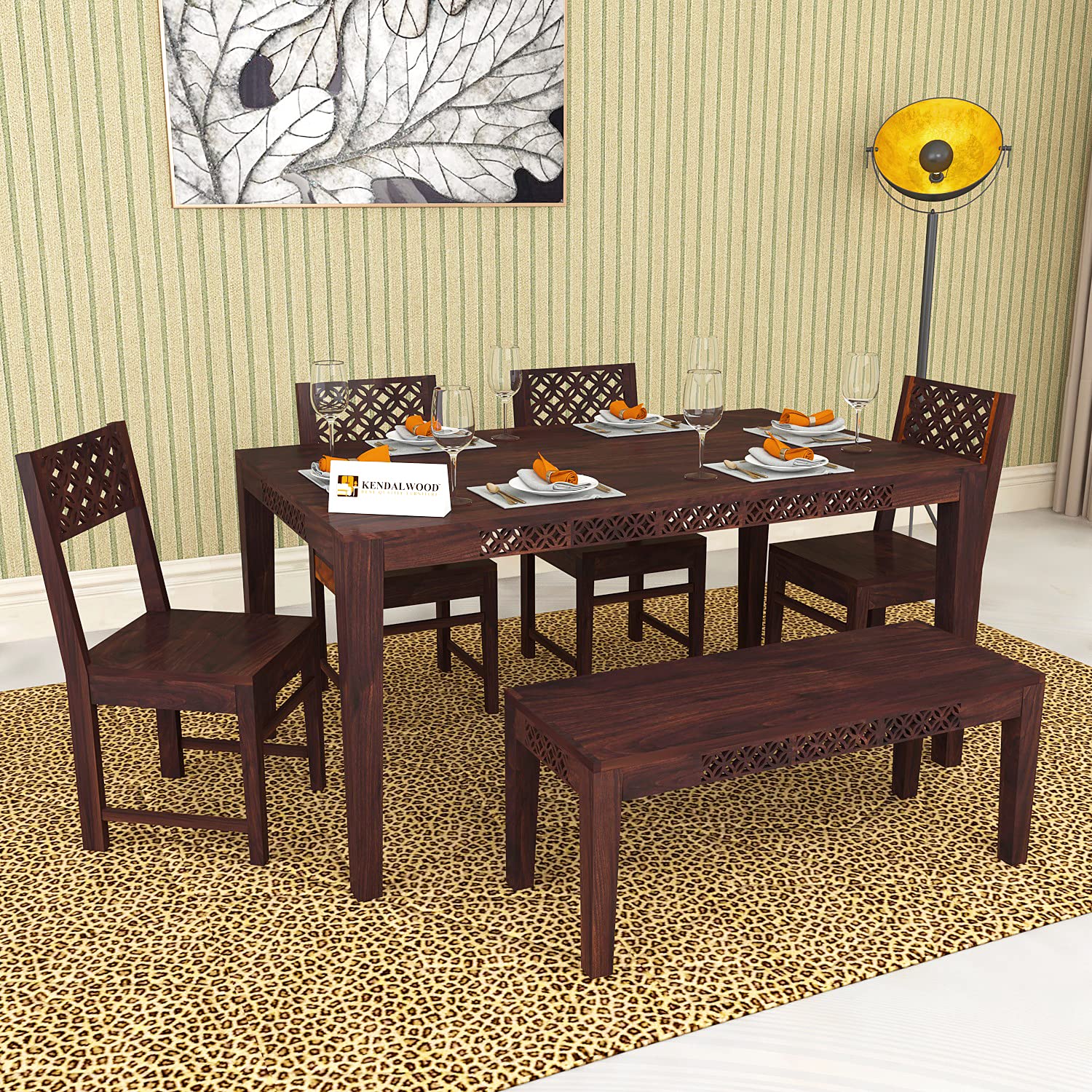 Sheesham Wood CNC Cutting Dining Table(57x35) with 4 Chairs, 1 Bench | 6 Seater Dining Set