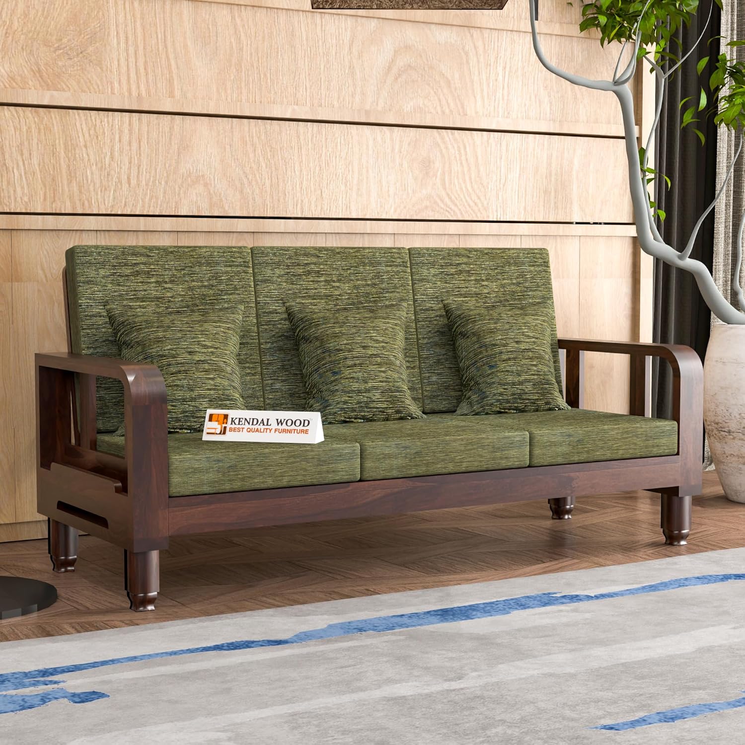 Solid Wood 3 Seater Wooden Sofa Set for Living Room Furniture Fabric 3 Seater Sofa