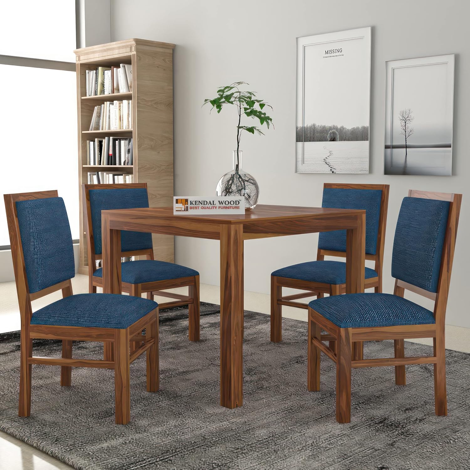 Furniture Premium Dining Room Furniture Wooden Dining Table with 4 Chairs Solid Wood 4 Seater Dining Set (Finish Color - Honey Finish with Blue Cushions, DIY(Do-It-Yourself))