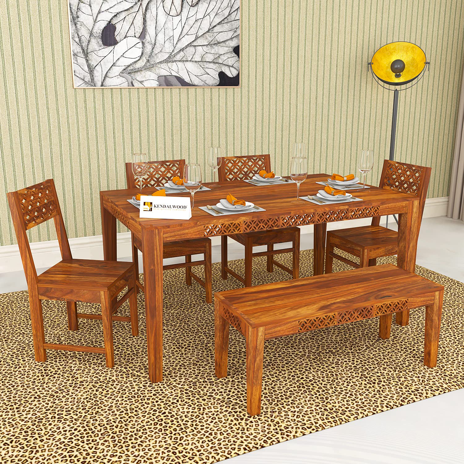 Sheesham Wood CNC Cutting Dining Table(57x35) with 4 Chairs, 1 Bench | 6 Seater Dining Set