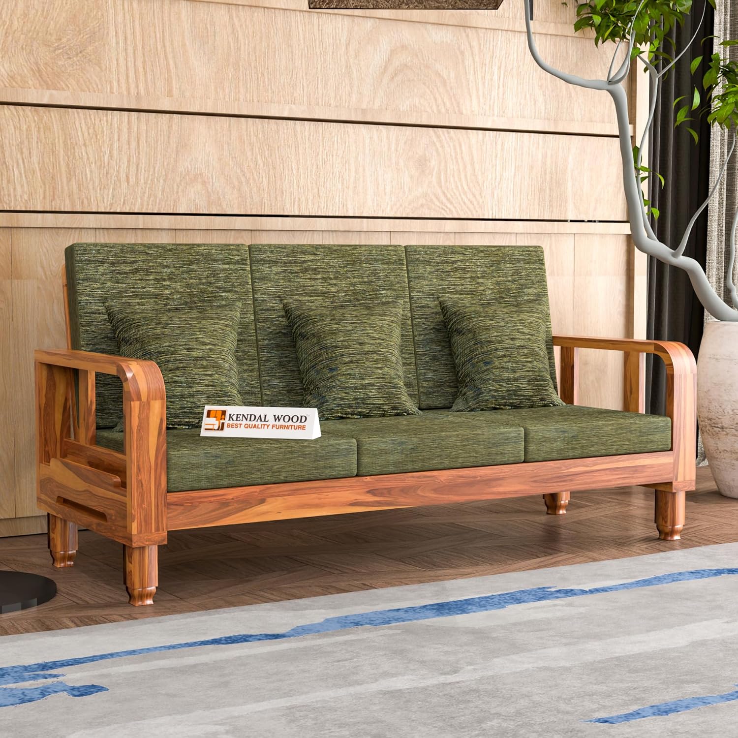 Solid Wood 3 Seater Wooden Sofa Set for Living Room Furniture Fabric 3 Seater Sofa